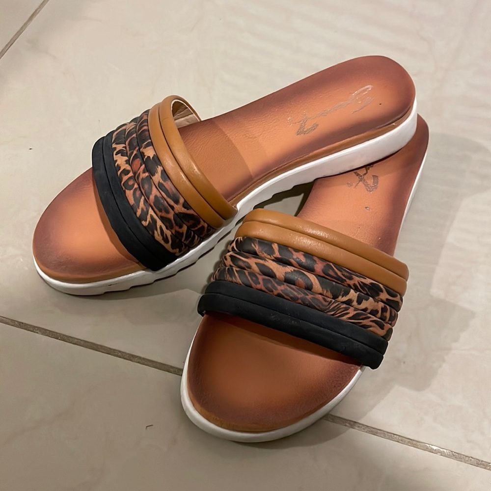 Seven7 Leopard and Black Slip-On Sandals